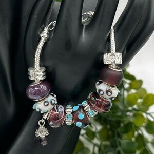 Pandora Style Purple Charm Bracelet in Silver with Rhinestones and Dangle, NWOT